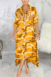 Yellow Sexy Camouflage Print Patchwork Turndown Collar Outerwear