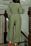 ライトグリーンファッションカジュアルアダルトソリッドベルトターンダウンカラールーズジャンプスーツ