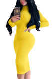 Amarelo moda sexy adulto fibra de leite sólido retalhos gola alta manga longa na altura do joelho ternos de uma peça vestidos