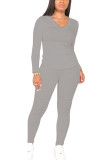 Grey Fashion Sportswear Adult Solid Patchwork V Neck Long Sleeve Regular Sleeve Regular Two Pieces