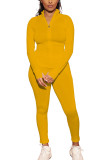 Amarelo moda esportiva adulto sólido retalhos o pescoço manga longa regular duas peças