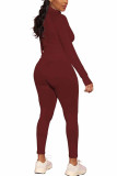 Wine Red Fashion Sportswear Adult Solid Patchwork O Neck Long Sleeve Regular Sleeve Regular Two Pieces
