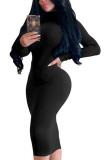 Zwarte mode sexy volwassen melkvezel effen patchwork coltrui lange mouw knielengte eendelige pakken jurken