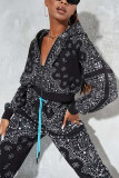 Black Daily Twilled Satin Print Hooded Collar Long Sleeve Regular Sleeve Two Pieces