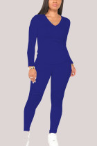 Синяя модная спортивная одежда для взрослых, однотонная лоскутная одежда с v-образным вырезом и длинным рукавом, обычный рукав, обычные две части