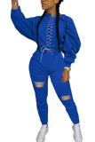 Королевский синий модный повседневный пэчворк с рваными ремешками, дизайн с круглым вырезом и длинным рукавом, рукав «летучая мышь», обычные две части
