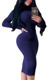 Azul real moda Sexy adulto fibra de leche parches lisos cuello alto manga larga hasta la rodilla trajes de una pieza vestidos