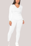 Weiße, modische Sportbekleidung für Erwachsene, einfarbig, Patchwork, V-Ausschnitt, lange Ärmel, normale Ärmel, zweiteilig
