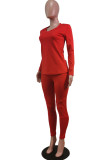 Red Fashion Sportswear Adult Solid Patchwork V Neck Long Sleeve Regular Sleeve Regular Two Pieces