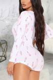 peach Sexy Print Buttons V Neck Loose Rompers
