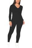 Schwarze modische Sportbekleidung für Erwachsene, einfarbig, Patchwork, V-Ausschnitt, lange Ärmel, normale Ärmel, normale Zweiteile