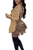 Black Fashion Leopard Camouflage Print Patchwork POLO collar Asymmetrical Plus Size 