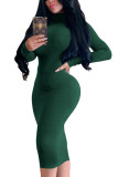 Verde escuro moda sexy adulto fibra de leite sólido retalhos gola alta manga longa na altura do joelho ternos de uma peça vestidos