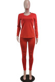 Rote modische Sportbekleidung für Erwachsene, einfarbig, Patchwork, V-Ausschnitt, lange Ärmel, normale Ärmel, zweiteilig