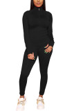 Black Fashion Sportswear Adult Solid Patchwork O Neck Long Sleeve Regular Sleeve Regular Two Pieces