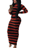 Vermelho moda rua adulto fibra de leite retalhos impressão retalhos o pescoço manga longa tornozelo comprimento ternos de uma peça vestidos