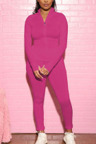 Розово-красная модная спортивная одежда для взрослых, однотонная лоскутная одежда с круглым вырезом и длинным рукавом, обычный рукав, обычные комплекты из двух предметов