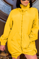Mini abiti a linea A a maniche lunghe con collo alto patchwork solido giallo moda casual per adulti