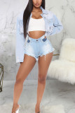 Blue Sexy Solid Make Old Turndown Collar Long Sleeve Skinny Distressed Cropped Denim Jackets