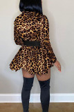 Black Fashion Leopard Camouflage Print Patchwork POLO collar Asymmetrical Plus Size 