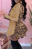 Khaki Fashion Leopard Camouflage Print Patchwork POLO collar Asymmetrical Plus Size 