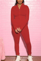 Röda modesportkläder Vuxen Solid Patchwork O-hals Långärmad Vanlig ärm Vanlig Tvådelad