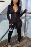 Zwarte mode sexy volwassen nylon effen patchwork skinny jumpsuits met o-hals