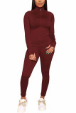 rose red Fashion Sportswear Adult Solid Patchwork O Neck Long Sleeve Regular Sleeve Regular Two Pieces