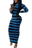 Blue Fashion Street Adult Milk Fiber Patchwork Print Patchwork O Neck Long Sleeve Ankle Length One-piece Suits Dresses