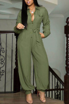 Light Green Fashion Casual Adult Solid With Belt Turndown Collar Loose Jumpsuits