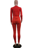 Rote modische Sportbekleidung für Erwachsene, einfarbig, Patchwork, V-Ausschnitt, lange Ärmel, normale Ärmel, zweiteilig