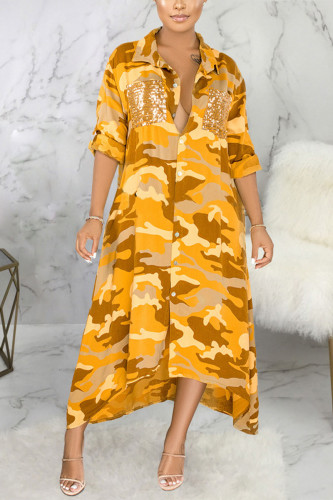 Vêtement d'extérieur à col rabattu patchwork imprimé camouflage sexy jaune