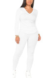 Branco moda esportiva adulto sólido retalhos decote em v manga longa regular duas peças