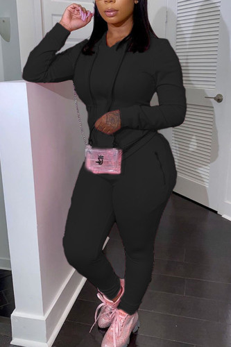 Black Fashion Casual Adult Solid Pocket Hooded Collar Long Sleeve Regular Sleeve Regular Two Pieces