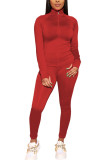 rose red Fashion Sportswear Adult Solid Patchwork O Neck Long Sleeve Regular Sleeve Regular Two Pieces