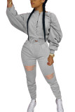 Light Gray Fashion Casual Patchwork Ripped Strap Design O Neck Long Sleeve Batwing Sleeve Regular Two Pieces