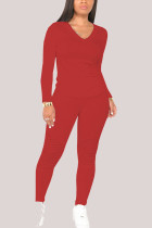 Moda esportiva vermelha adulto sólido retalhos decote em V manga comprida manga regular regular duas peças