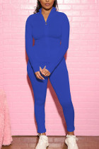 Blaue modische Sportbekleidung für Erwachsene, einfarbig, Patchwork, O-Ausschnitt, lange Ärmel, normale Ärmel, zweiteilig