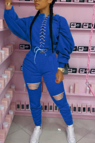 Royal blue Fashion Casual Patchwork Ripped Strap Design O Neck Long Sleeve Batwing Sleeve Regular Two Pieces
