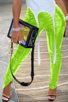 Pantalones pitillo de piel sintética para adultos de calle de moda verde fluorescente