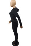 Black Fashion Sexy Adult Pleuche Solid Fold Hooded Collar Long Sleeve Regular Sleeve Regular Two Pieces