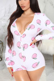 Pink Sexy Print Buttons V Neck Loose Rompers