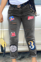 Jeans regular com estampa de rua cinza bordado patchwork cintura média (sem cinto)