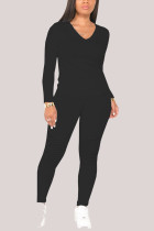 Abbigliamento sportivo moda nero per adulti patchwork solido scollo a V manica lunga manica regolare due pezzi regolari