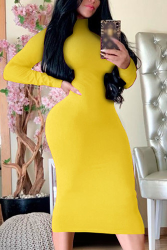 Yellow Fashion Sexy Adult Milk Fiber Solid Patchwork Turtleneck Long Sleeve Knee Length One-piece Suits Dresses