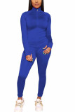 Blue Fashion Sportswear Adult Solid Patchwork O Neck Long Sleeve Regular Sleeve Regular Two Pieces