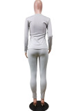 Branco moda esportiva adulto sólido retalhos decote em v manga longa regular duas peças