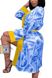 Bleu mode Sexy adulte Patchwork imprimé Patchwork col conventionnel à manches longues genou longueur robe imprimée robes