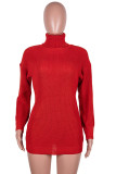 Red Fashion Celebrities Adult Solid Pullovers Turtleneck Long Sleeve Knee Length Pencil Skirt Dresses