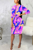 purple Sexy Tie Dye Patchwork O Neck Long Sleeve Knee Length Long Sleeve Dress Dresses